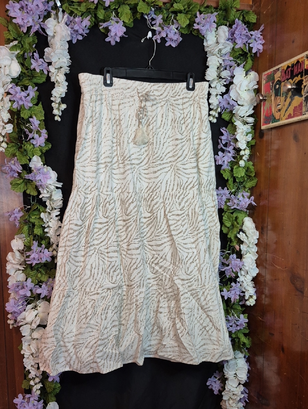 new directions Cream and Tan Tiered Maxi Skirt with Tassel Drawstring